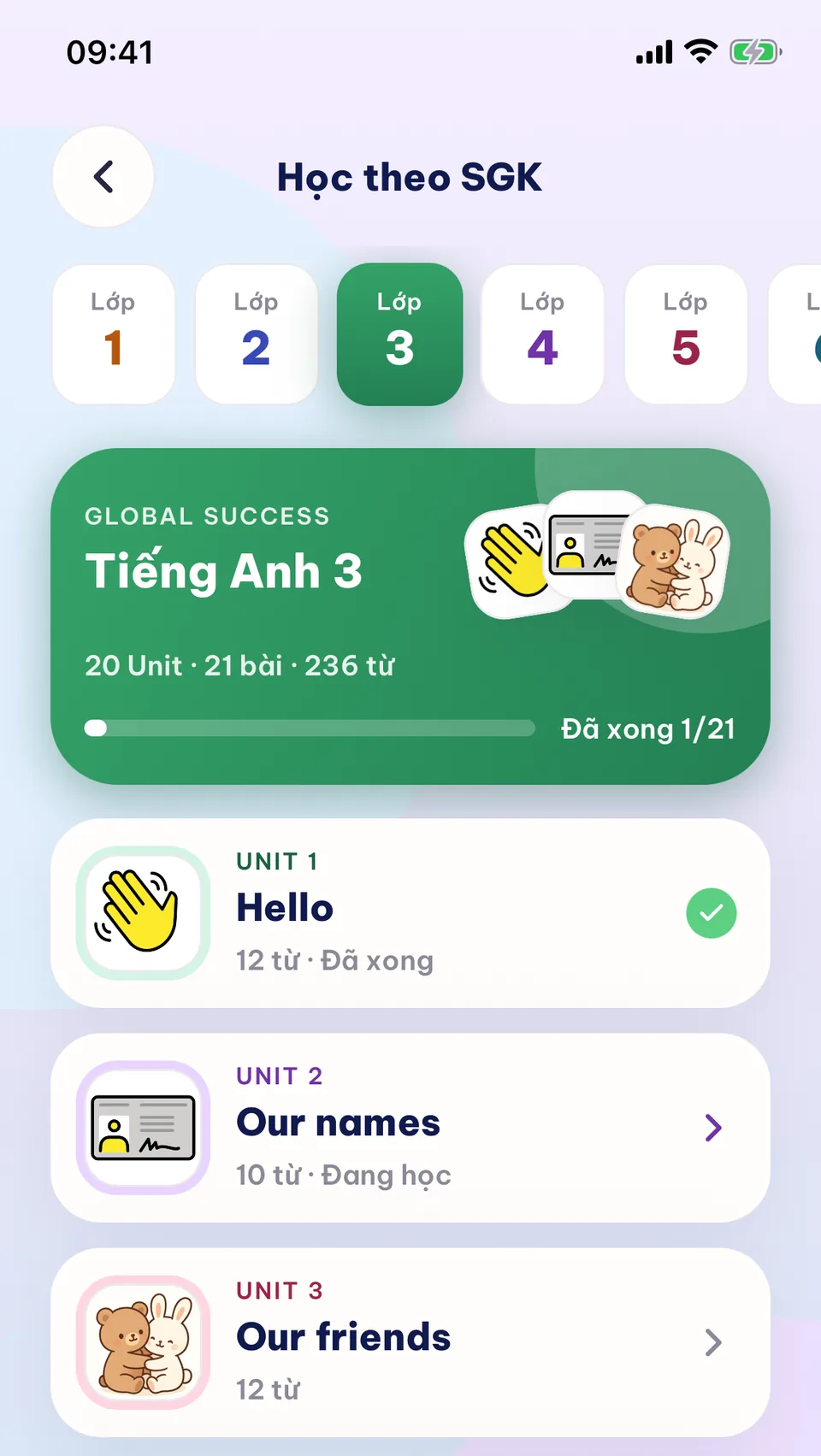 Màn Học theo SGK: dải chọn lớp, sách Tiếng Anh 3 Global Success với 20 Unit, Unit 1 đã xong và Unit 2 đang học