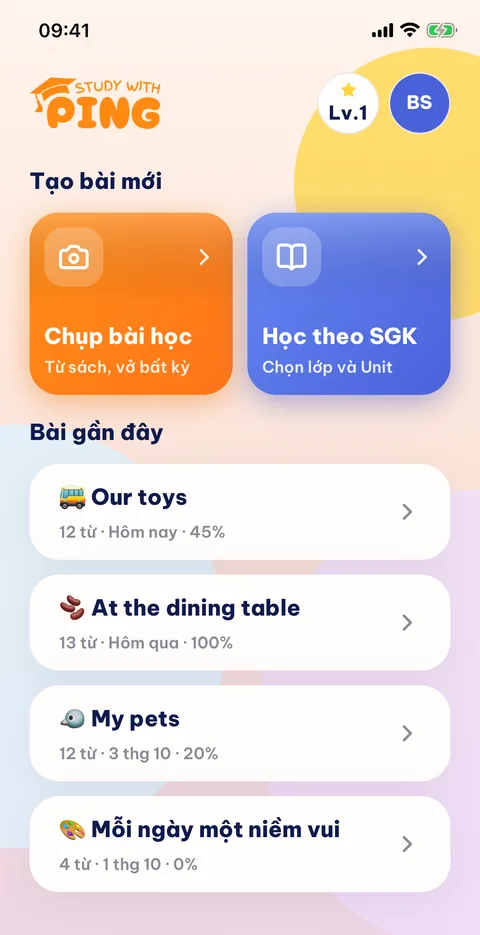 Màn hình chính Study With Ping với hai ô tạo bài Chụp bài học và Học theo SGK, cùng danh sách bài gần đây