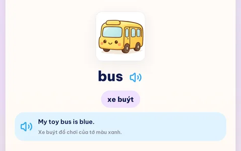 Thẻ học từ bus có hình minh hoạ, nghĩa tiếng Việt và câu ví dụ tiếng Anh
