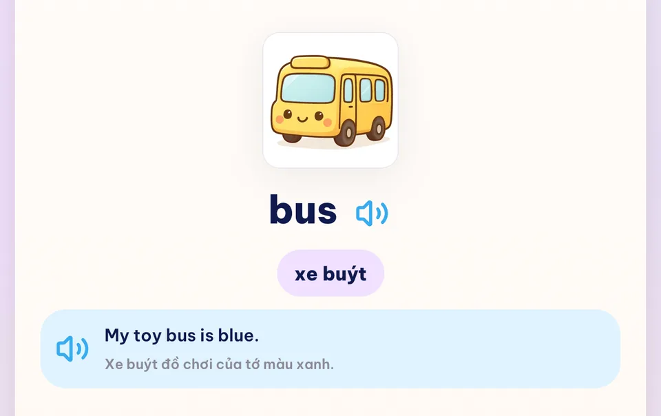 Thẻ học từ bus có hình minh hoạ, nghĩa tiếng Việt và câu ví dụ tiếng Anh