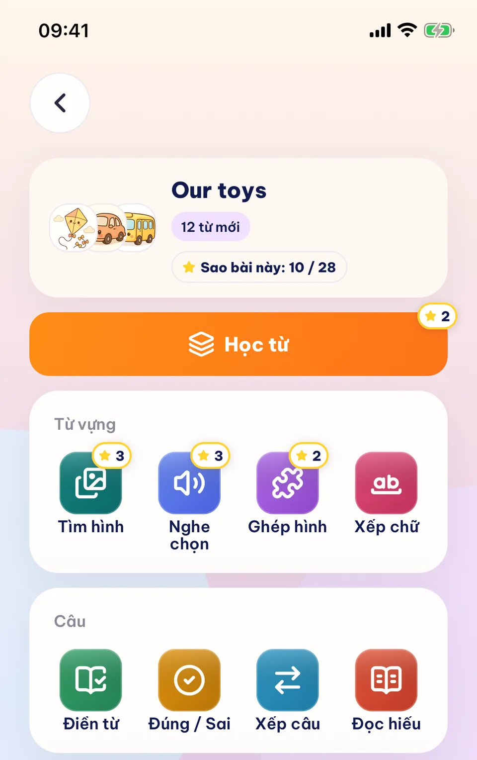 Trang bài học Our toys: nút Học từ cùng các trò chơi từ vựng và câu